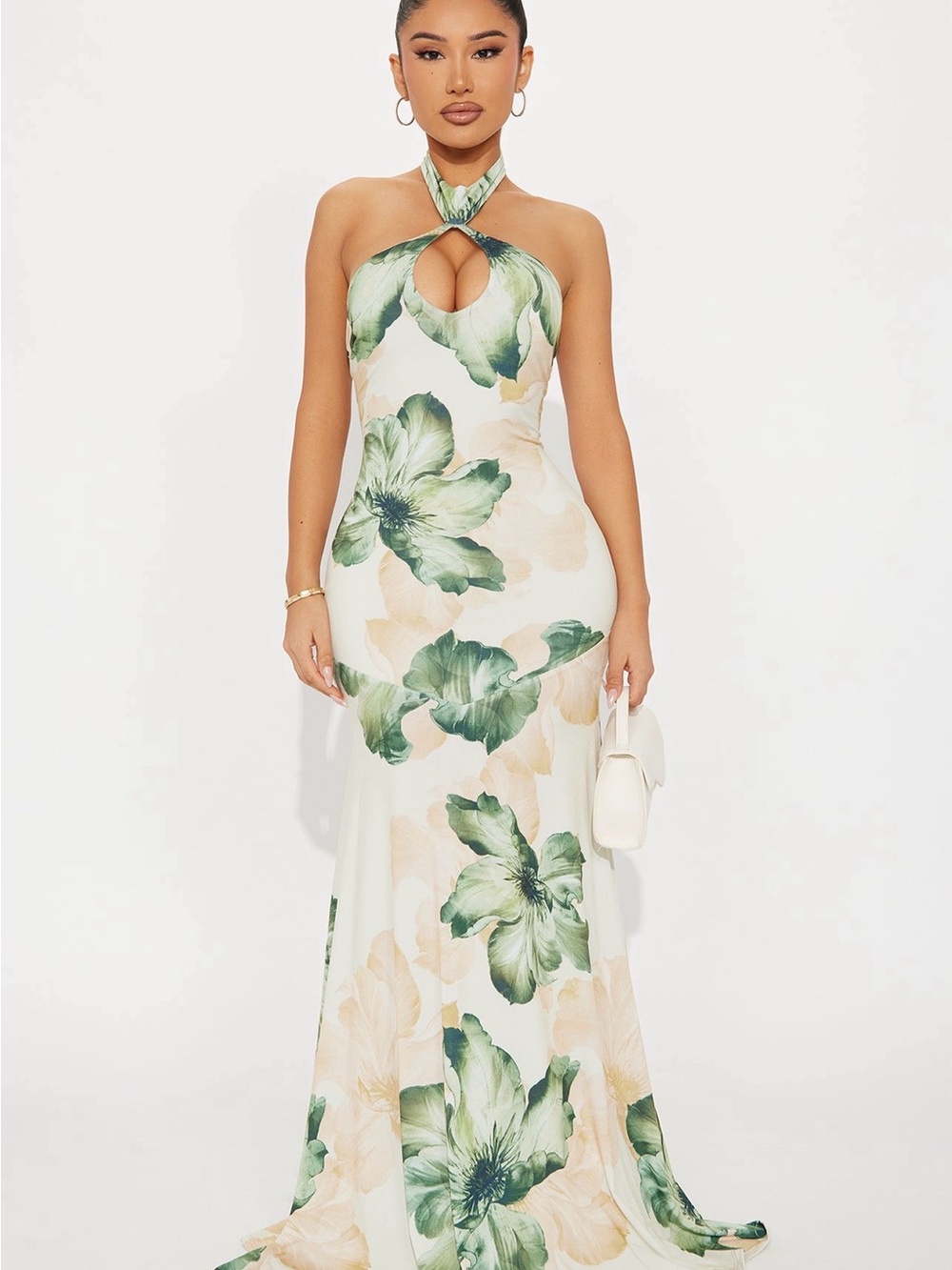 Fashion Nova Cream Halter Maxi Dress with Green Floral Print